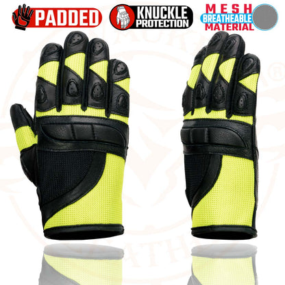 Milwaukee Leather MG7740 Women's Black Leather and Neon Green Mesh Racing Motorcycle Gloves W/ Padded Knuckle and Fingers