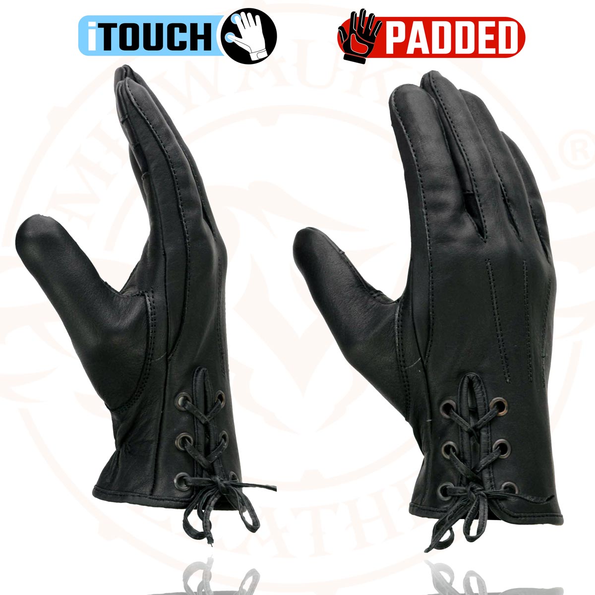 Milwaukee Leather MG7770 Women's Black Leather ’I - Touchscreen Compatible’ Laced Wrist Motorcycle Hand Gloves W/ Gel Palm