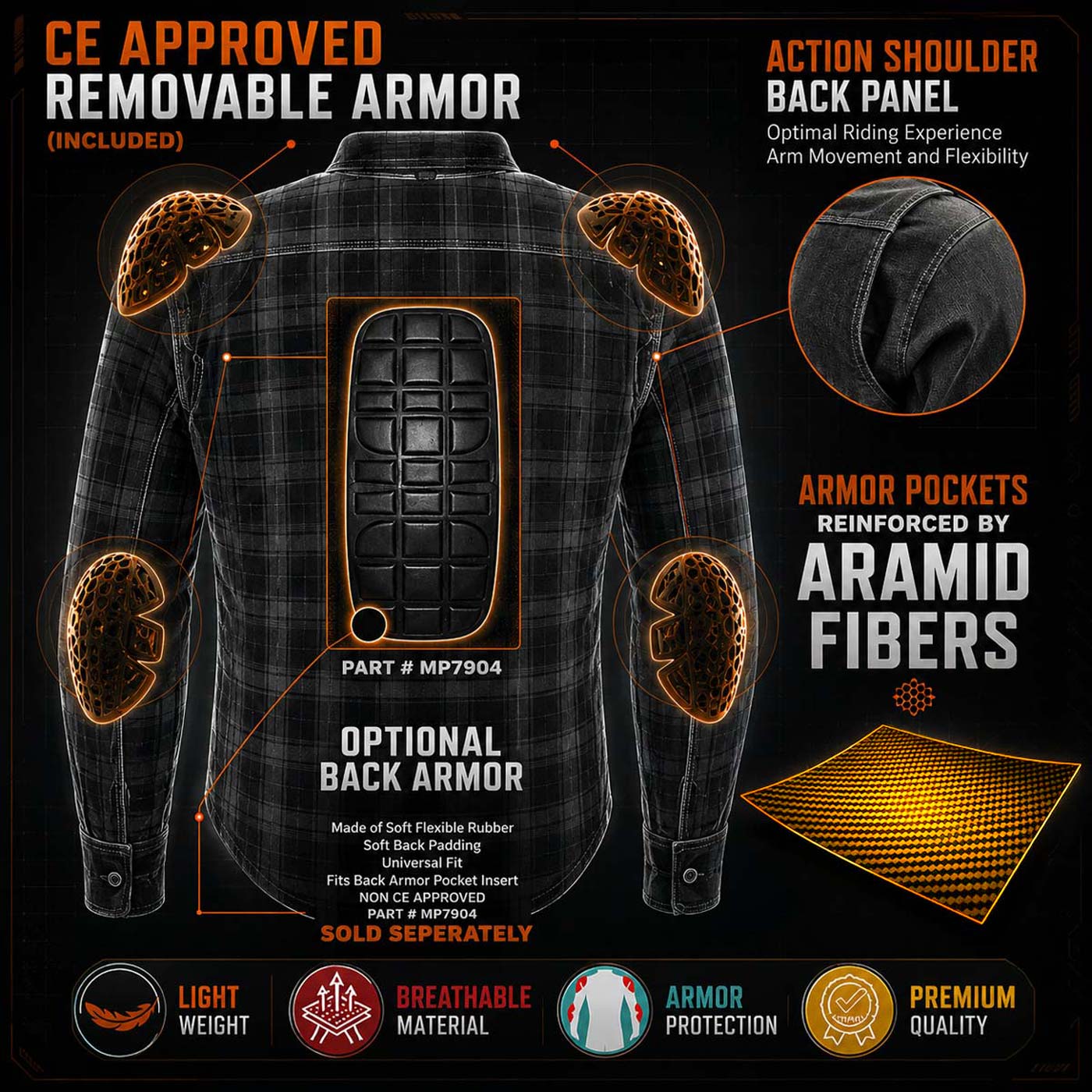 Milwaukee Leather MPM1653 Men's Plaid Flannel Biker Shirt with CE Approved Armor - Reinforced w/ Aramid Fibers
