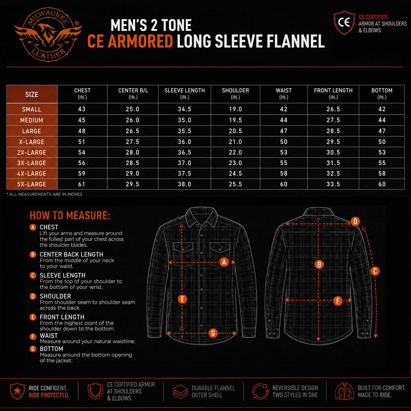 Milwaukee Leather Men’s Two-Tone CE Armored Flannel - Solid Front / Plaid Back - Reinforced w/ Aramid Fibers - MPM1672