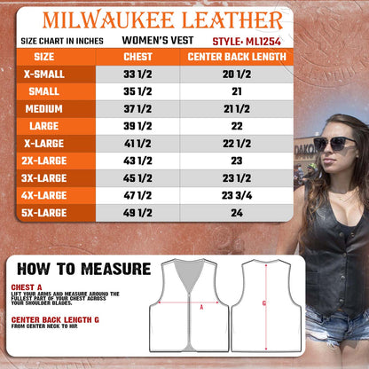 Milwaukee Leather ML1254 Women's Black Naked Leather Side Lace Motorcycle Rider Vest W/Milwaukee Logo Snaps Closure