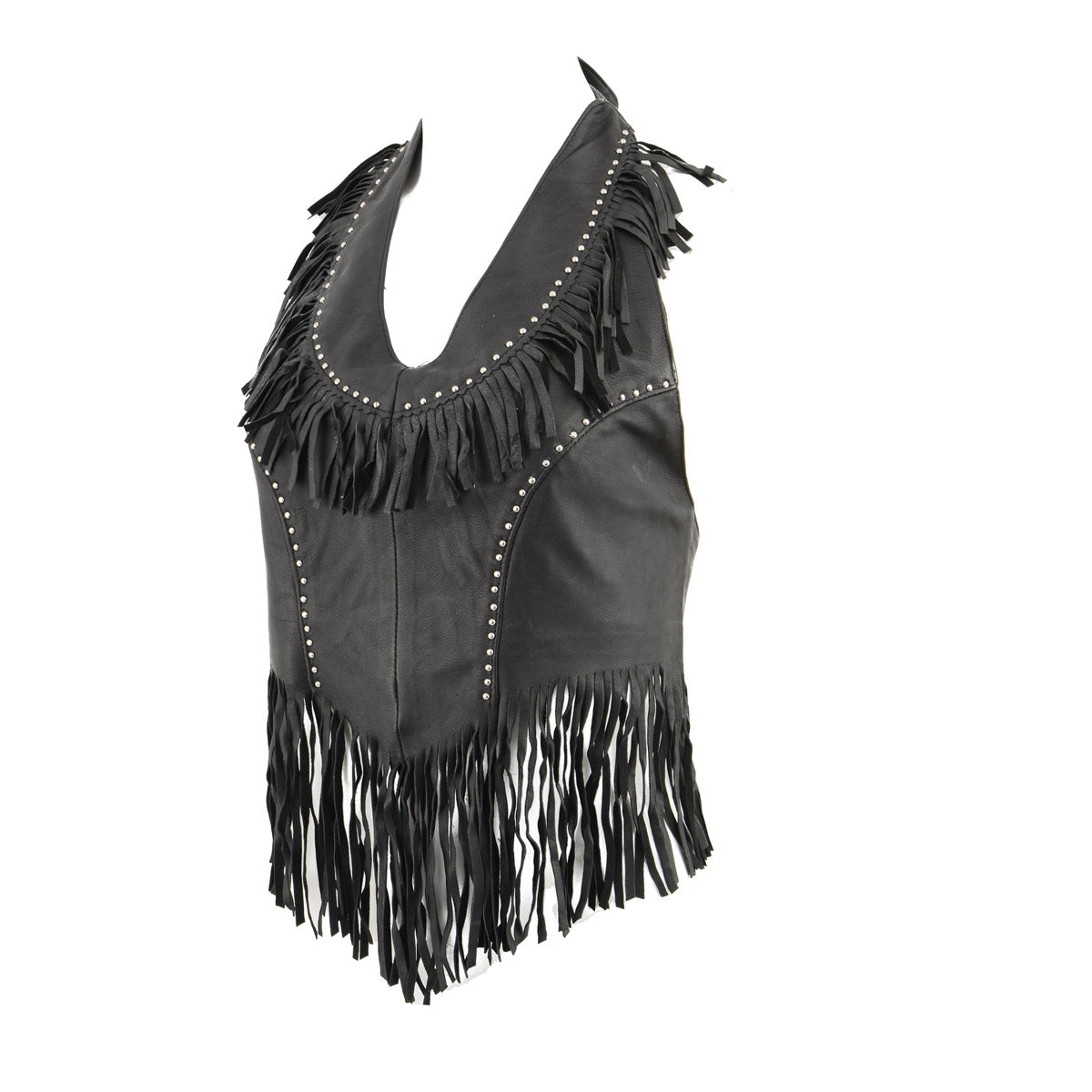 Genuine Leather ML1897 Ladies ‘Fringed’ Black Leather Halter Top