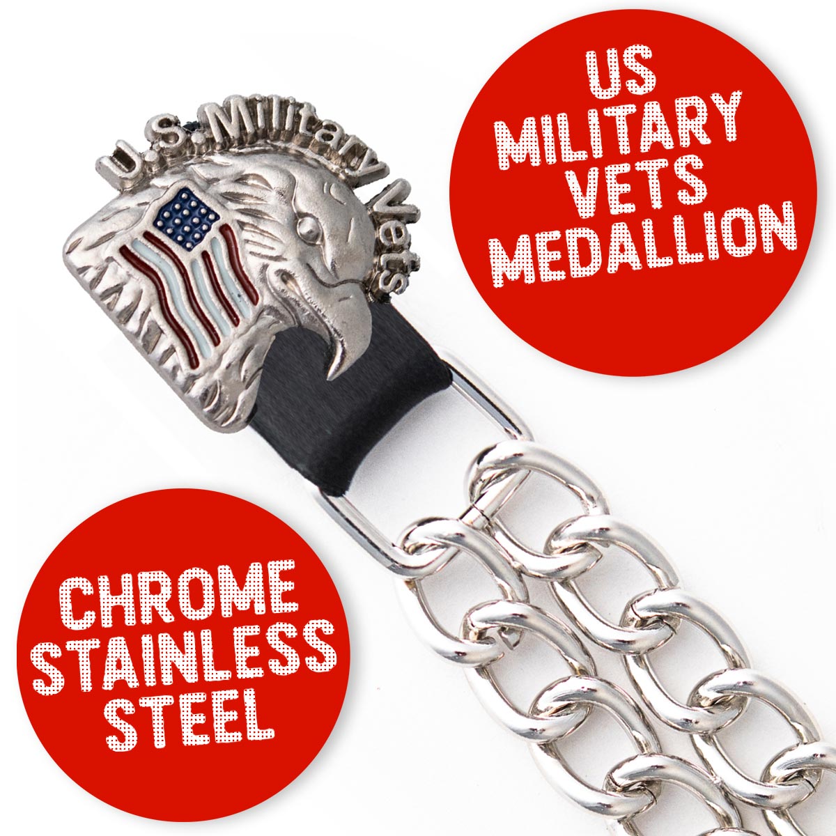 Milwaukee Leather US Military Vet Medallion Vest Extender - Double Chrome Chains Genuine Leather 6.5" Extension 4-PCS MLA6023SET