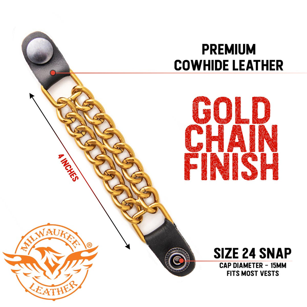 Milwaukee Leather MLA6091 Gold 4 Inch 4-PCS Vest Extender Set - Double Chrome Chains w/ Genuine Leather
