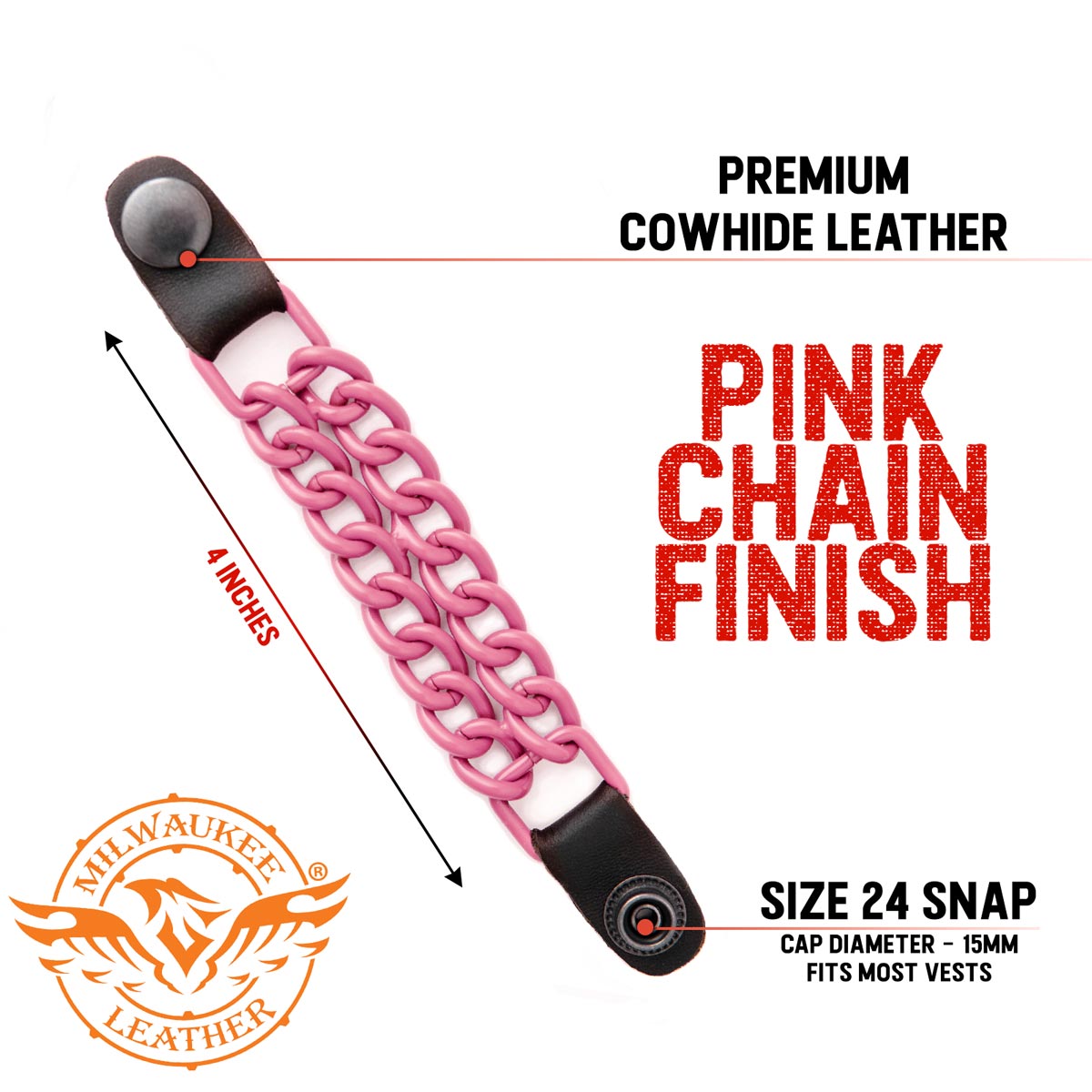 Milwaukee Leather MLA6094 Pink 4 Inch 4-PCS Vest Extender Set - Double Chrome Chains w/ Genuine Leather