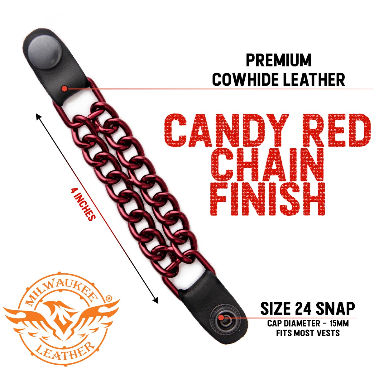 Milwaukee Leather MLA6096 Candy Red 4 Inch 4-PCS Vest Extender Set - Double Chrome Chains w/ Genuine Leather