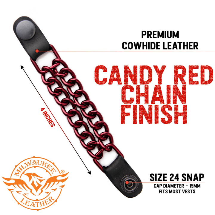 Milwaukee Leather MLA6096 Candy Red 4 Inch 4-PCS Vest Extender Set - Double Chrome Chains w/ Genuine Leather