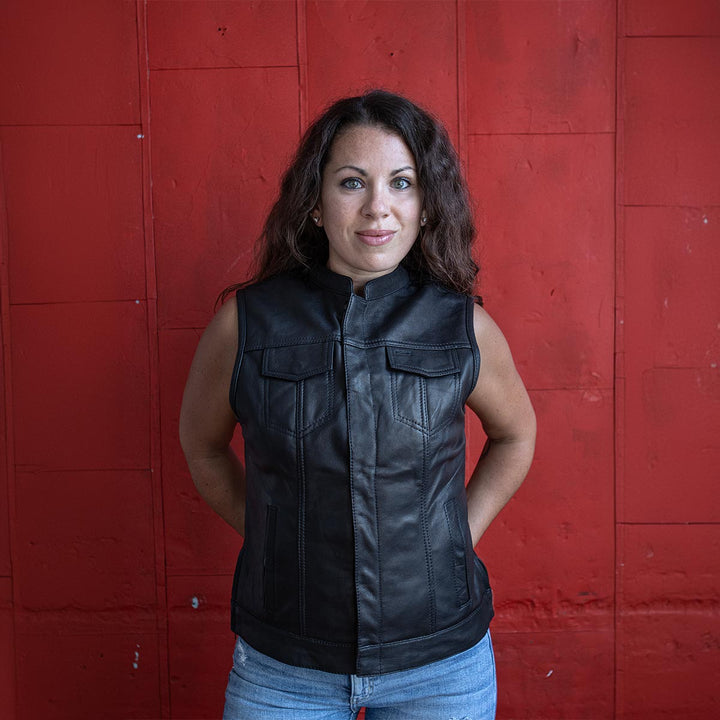 Milwaukee Leather MLL4512 Women’s Lashes Black Leather Club Style Motorcycle Rider Vest w/ Concealed Closure