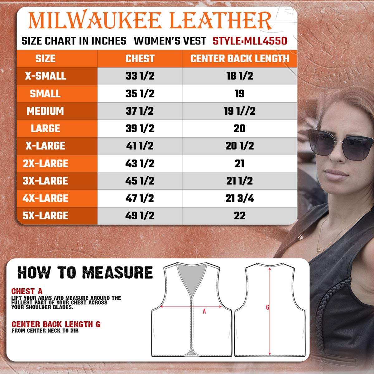 Milwaukee Leather MLL4550 Women's Black Premium Leather Classic Braided Deep V-Neck Motorcycle Rider Vest W/Front Zip