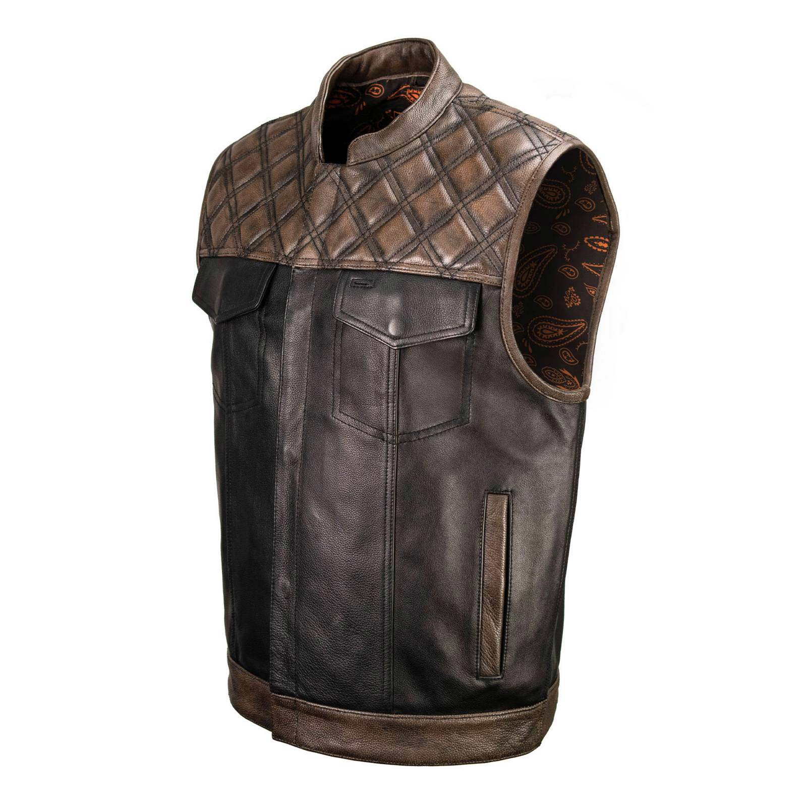 Milwaukee Leather MLM3528 Men's Black Paisley Lined Leather Vest w/ Neon Green Stitching & Armhole Trim