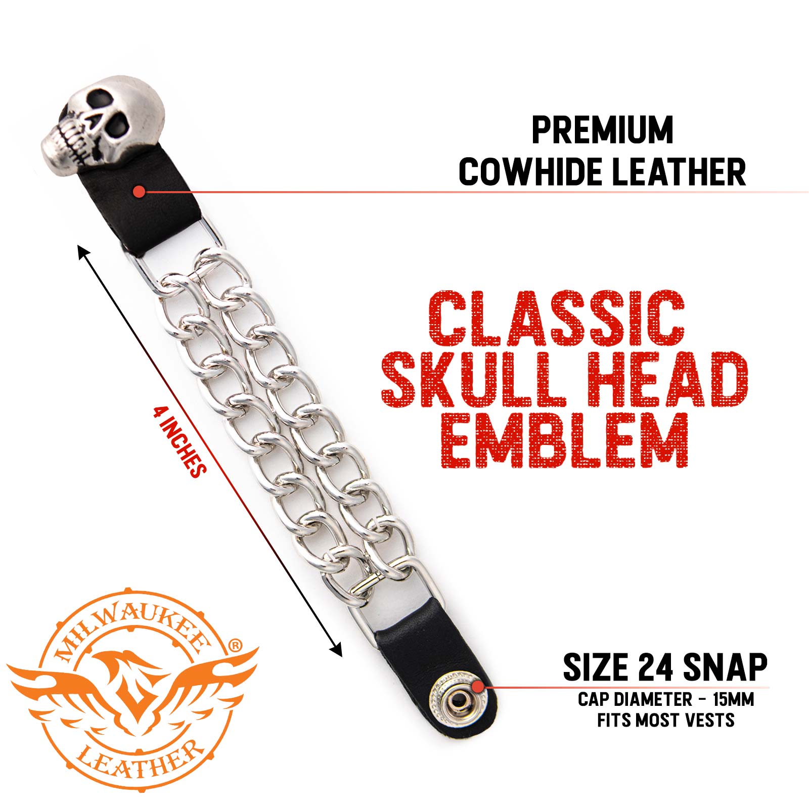 Milwaukee Leather Skull Head Medallion Vest Extender - Double Chrome Chains Genuine Leather 6.5" Extension 4-PCS MLA6019SET