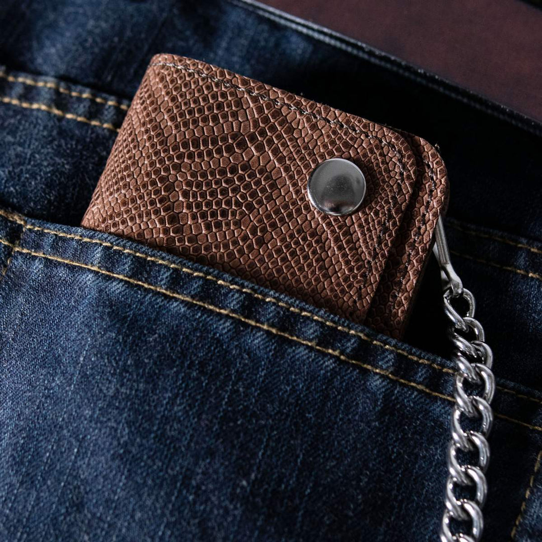 Milwaukee Leather Brown Python-Stamped Biker Flap Chain Wallet, MLW7851