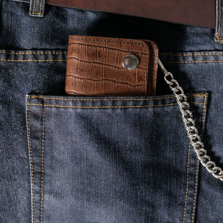 Milwaukee Leather Brown Crocodile-Stamped Biker Flap Chain Wallet, MLW7852