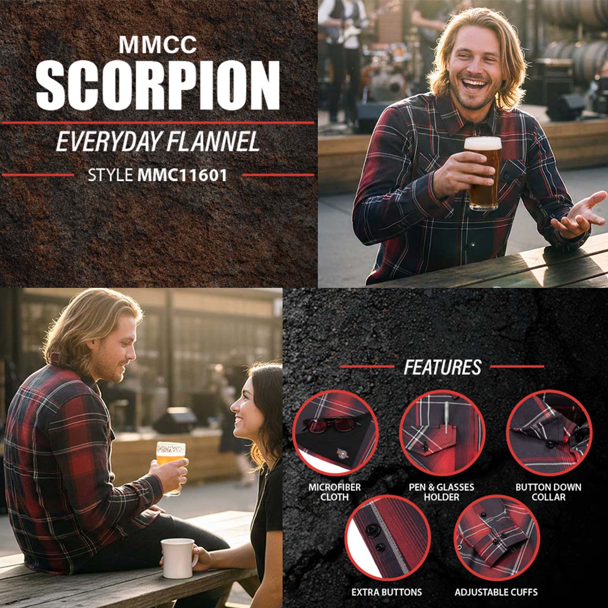 MMCC Men's Scorpion Red Black White Plaid Long Sleeve Flannel Shirt - Button-Up - MMC11601