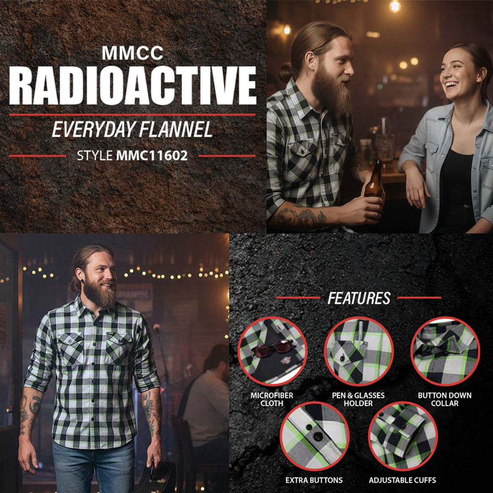 MMCC Men's Radioactive Black Gray Green Plaid Long Sleeve Flannel Shirt - Button-Up - MMC11602