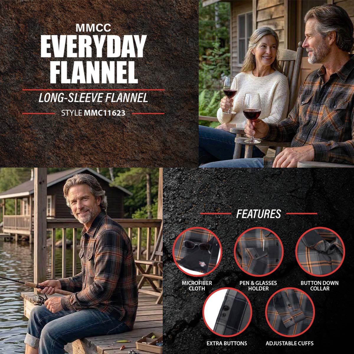 MMCC Burnline Men's Black Gray Orange Plaid Flannel Shirt - 100