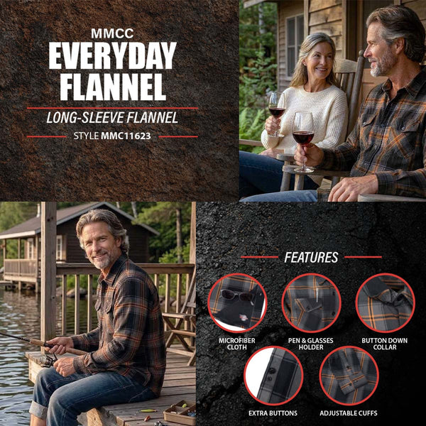 MMCC Burnline Men's Black Gray Orange Plaid Flannel Shirt - 100% Cotton Long Sleeve Button-Up - MMC11623