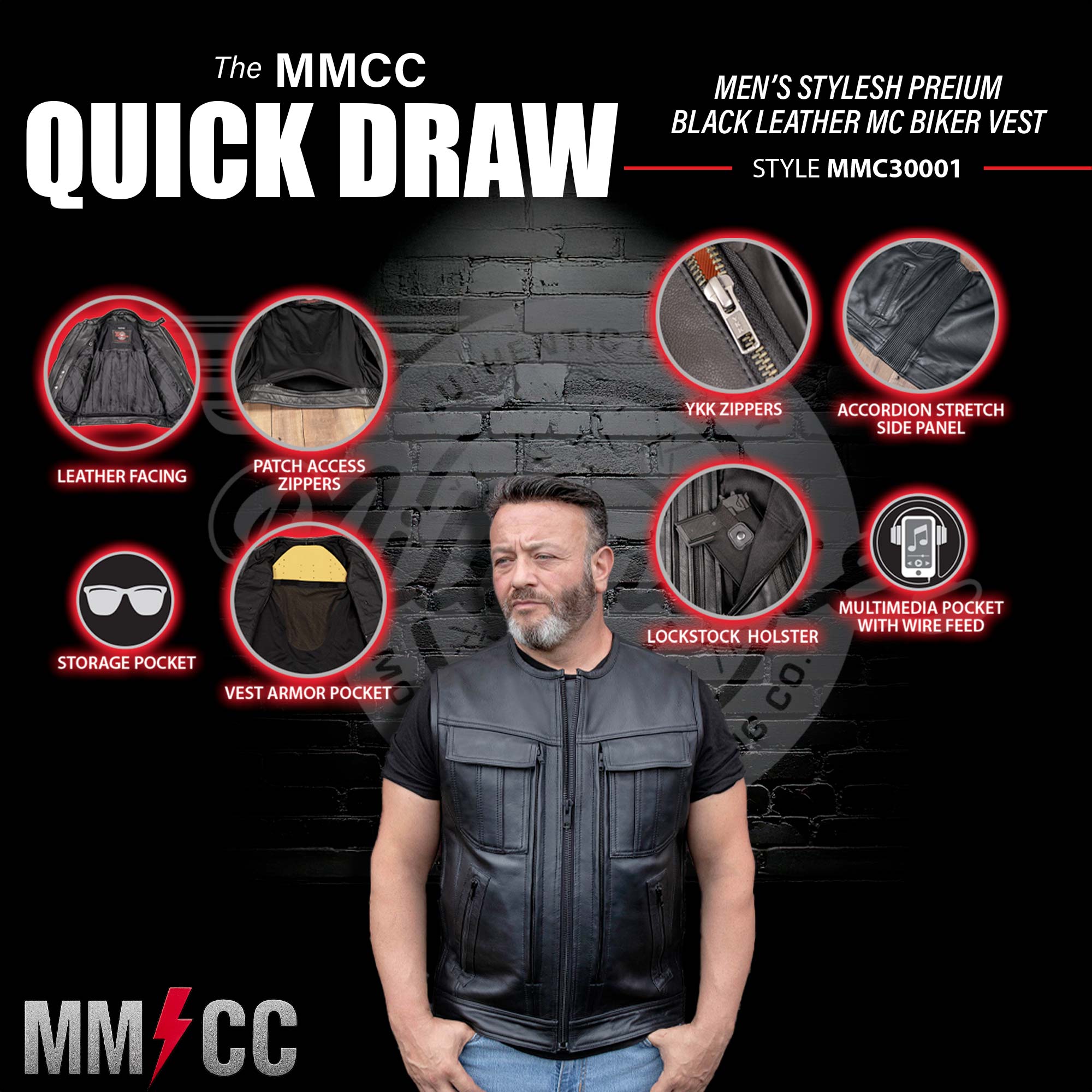 MMCC Men's Quick Draw Black Leather Motorcycle Vest - MMC30001