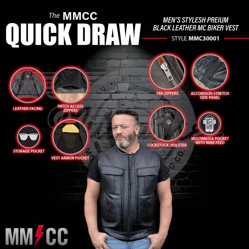 Milwaukee Motorcycle Clothing Co. Men's Quick-Draw Stylesh Premium Black Leather MC Biker Vest MMC30001