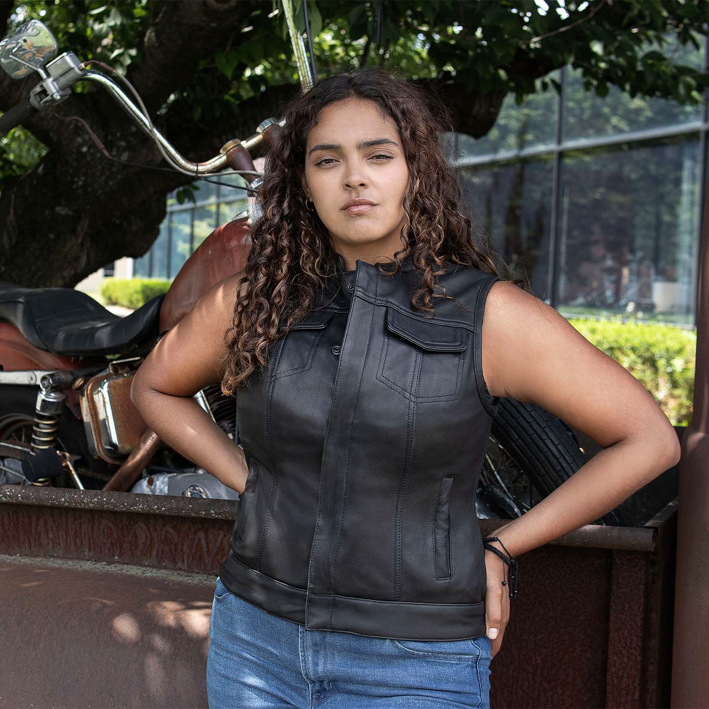 Milwaukee Motorcycle Clothing Co. Women's Girls-Club Black Leather Scooter Style Vest w/ Mandarin Collar MMC40005
