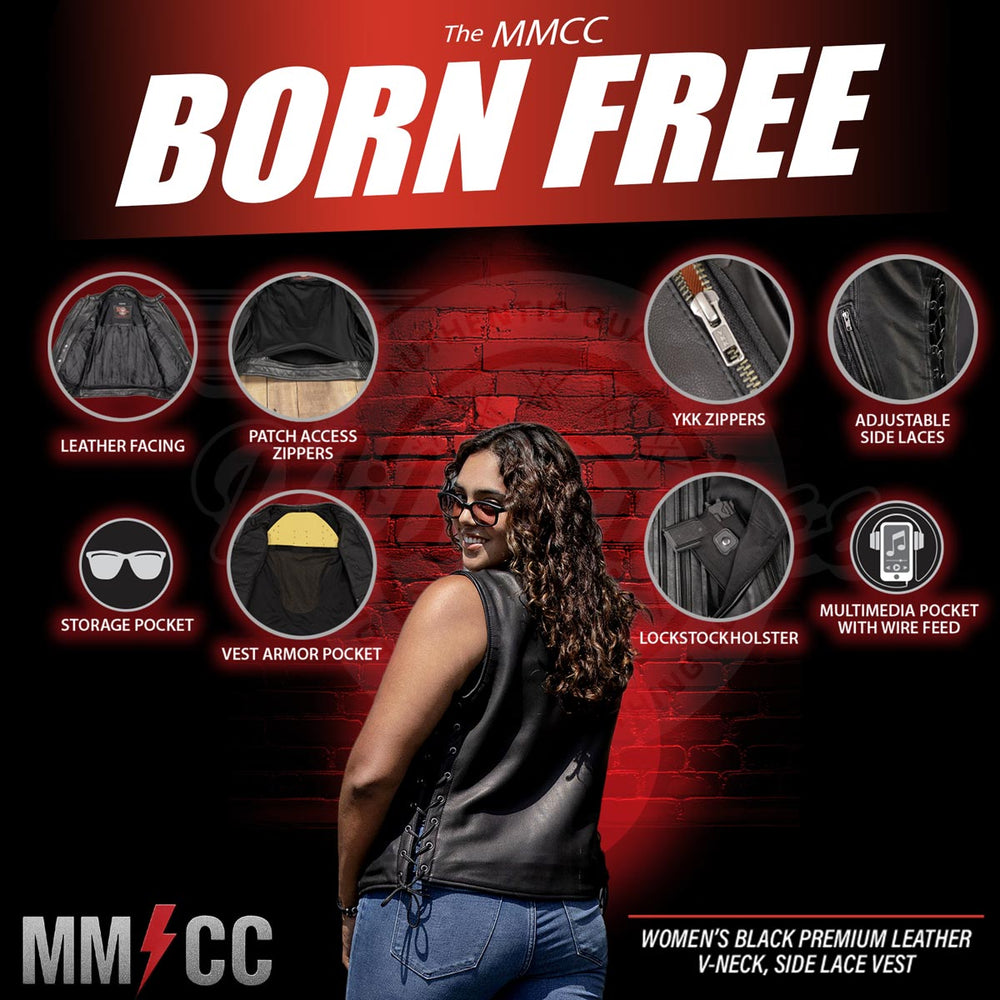 Milwaukee Motorcycle Clothing Co. Women's Born-Free Tall Sizes Black Leather Vest w/ V-Neck, Side Lace, Snap MMC40002
