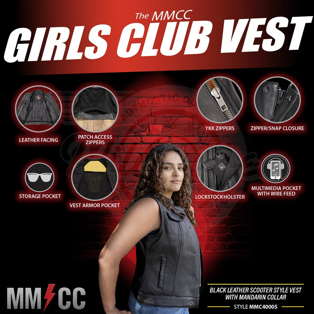Milwaukee Motorcycle Clothing Co. Women's Girls-Club Black Leather Scooter Style Vest w/ Mandarin Collar MMC40005