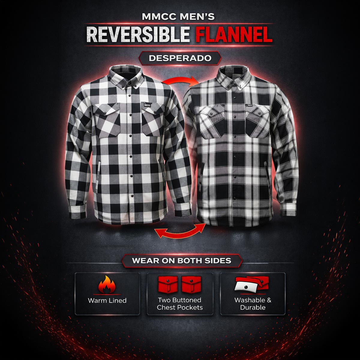 MMCC Men's Desperado Reversible Flannel Shirt - 100% Cotton Snap Front Plaid w/ Chest and Hand Pockets - MNG11804