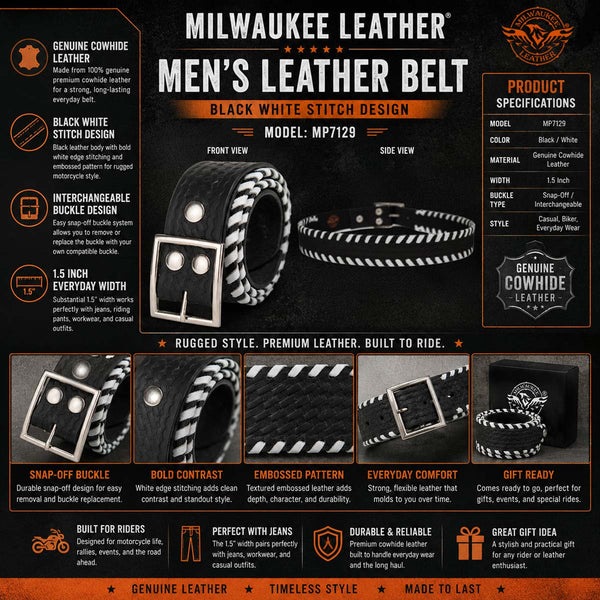 Milwaukee Leather Men's Black White Stitch Leather Belt w/ Interchangeable Buckle - 1.5 inches Wide - MP7129