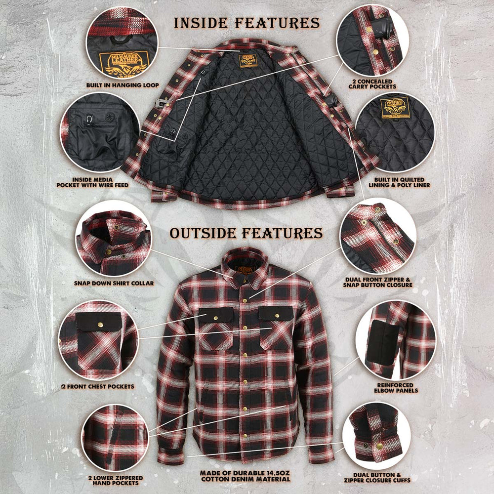 Milwaukee Leather Men's Heavy-Duty Checkered Flannel Riding Shirt - Warm Lined - Zippered Hand Pockets - MPM1637