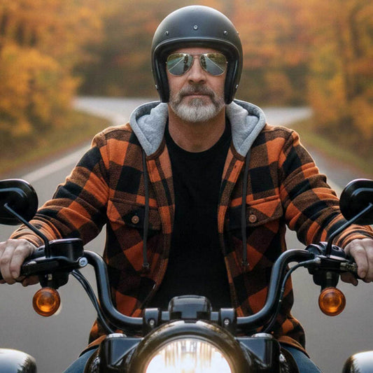 Milwaukee Leather Men’s Titans Orange & Black Plaid Hooded Riding Shirt w/ CE Armor & Aramid Fiber Panels - MPM1642