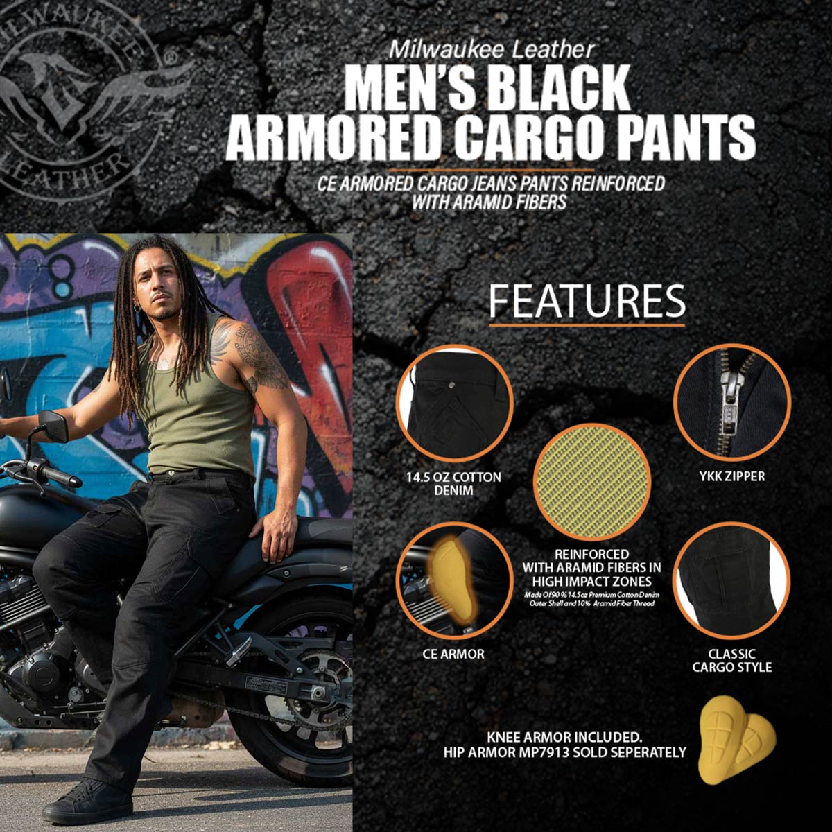 Milwaukee Leather MPM5590 Men's Black CE Armored Cargo Jeans Pants