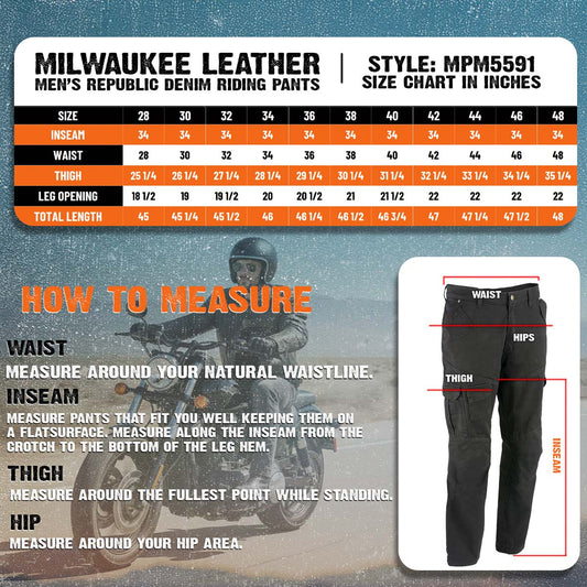 Milwaukee Leather MPM5591 Men's Republic Black CE Armored Motorcycle Denim Jeans Pants Reinforced w/ Aramid Fibers