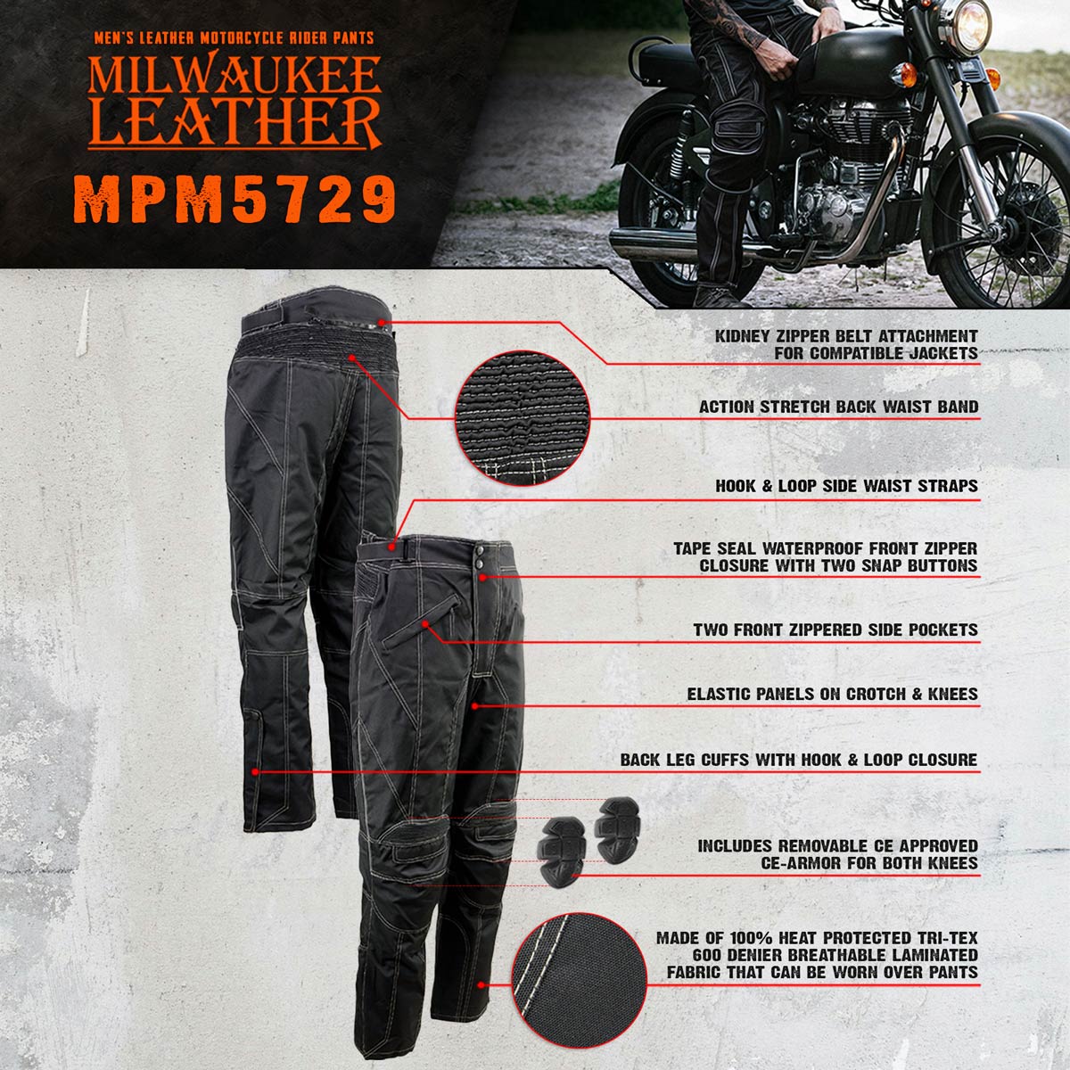 Milwaukee Leather MPM5729 Men's Black Tri-Tex Fabric Motorcycle Milwaukee Leather MPM5729 Men's Black Tri-Tex Fabric Motorcycle