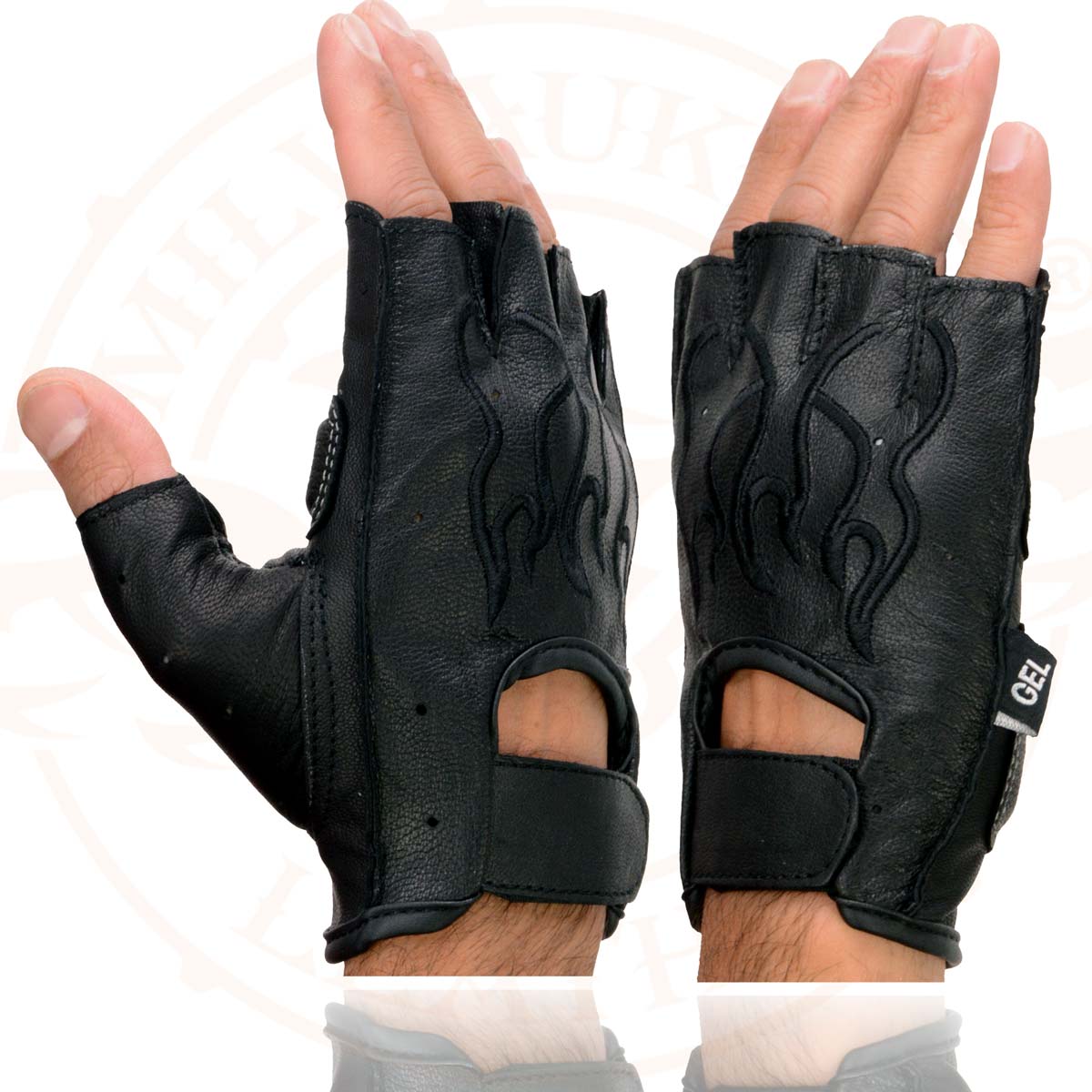 Xelement XG198 Men's Embroidered 'Flamed' Fingerless Black Motorcycle Leather Gloves