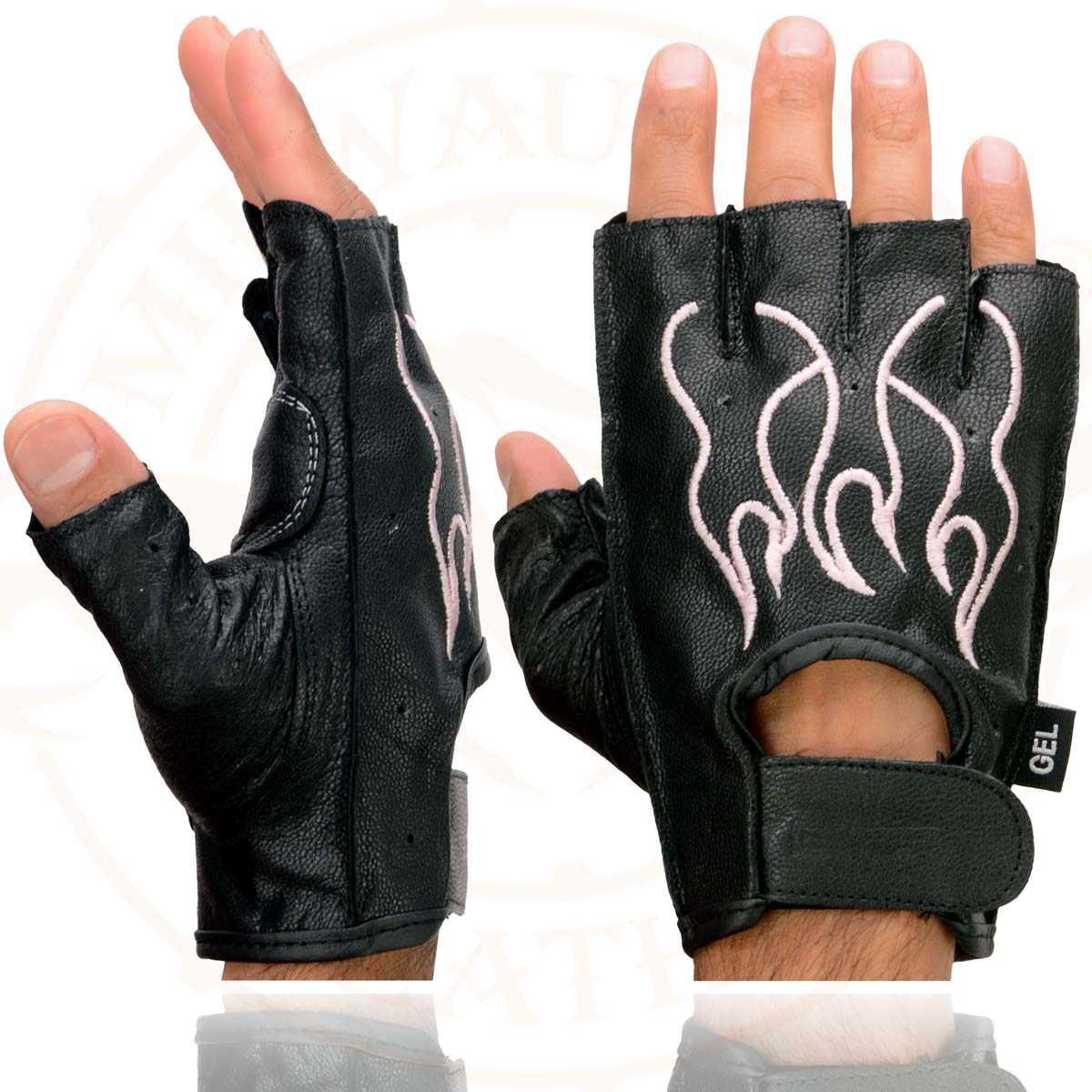 Xelement XG198 Women's Embroidered 'Flamed' Fingerless Black and Pink Motorcycle Leather Gloves