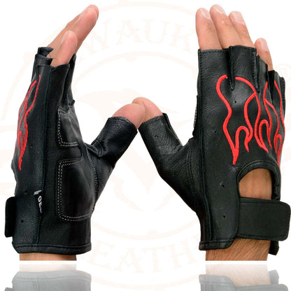 Xelement XG198 Men's Embroidered 'Flamed' Fingerless Black and Red Motorcycle Leather Gloves