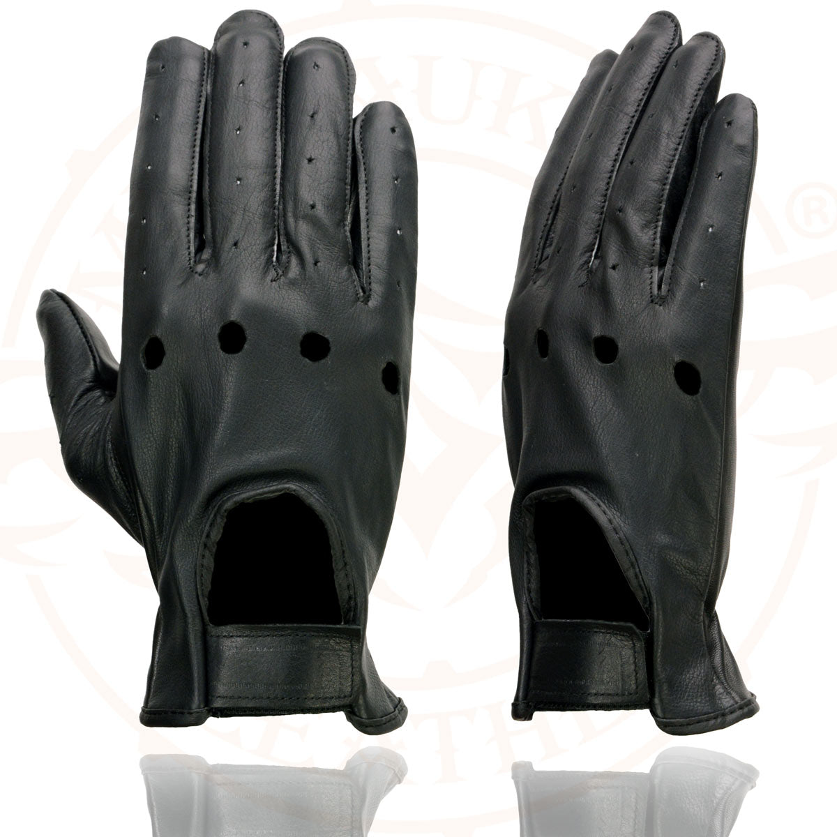 Milwaukee Leather SH247 Men's Black Perforated Leather Full Finger Motorcycle Hand Gloves W/ Breathable ‘Open Knuckle’