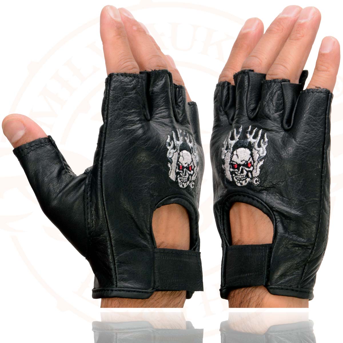 Milwaukee Leather SH351 Men's 'Flaming Skull' Black Leather Fingerless Gloves