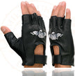 Milwaukee Leather SH352 Men's Black Leather Gel Padded Palm Fingerless Motorcycle Hand Gloves W/ ‘Embroidered Flaming Eagle’