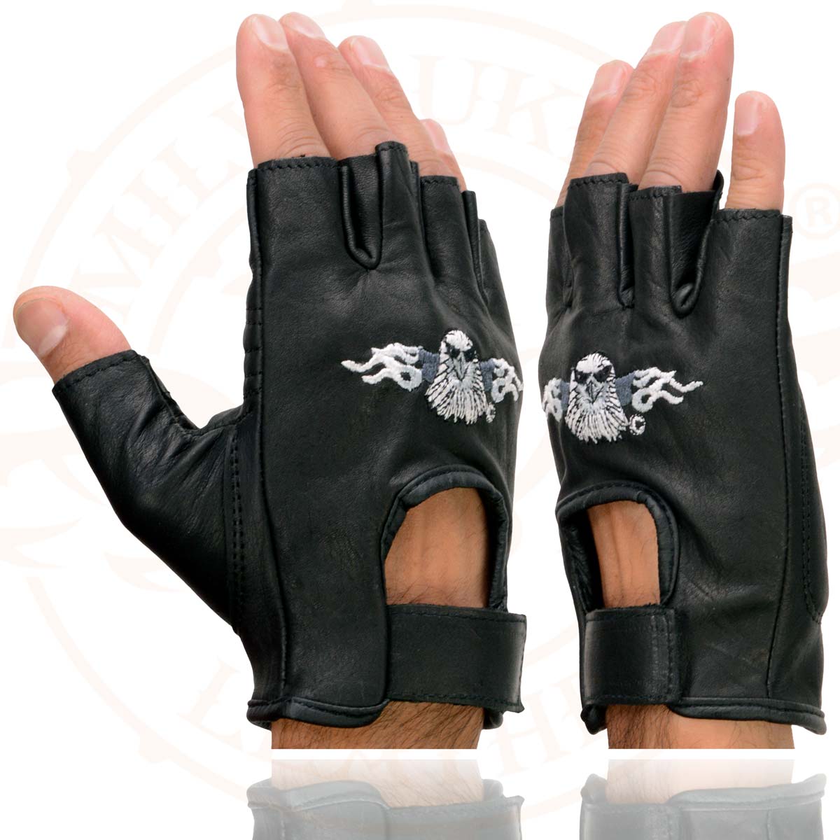 Milwaukee Leather SH352 Men's Black Leather Gel Padded Palm Fingerless Motorcycle Hand Gloves W/ ‘Embroidered Flaming Eagle’