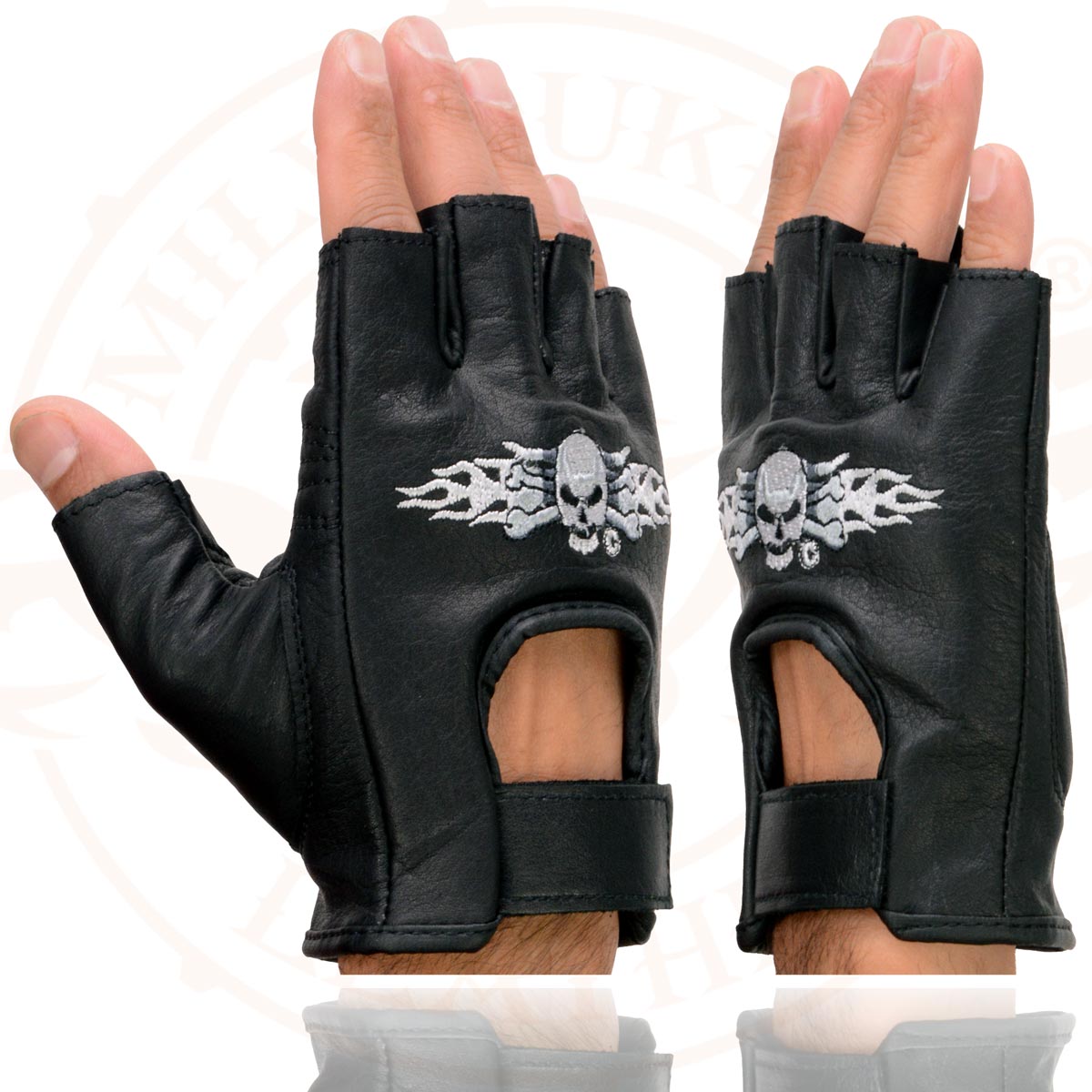 Milwaukee Leather SH353 Men's Black Leather Gel Padded Palm Fingerless Motorcycle Hand Gloves W/ ‘Embroidered Skull & Bones’