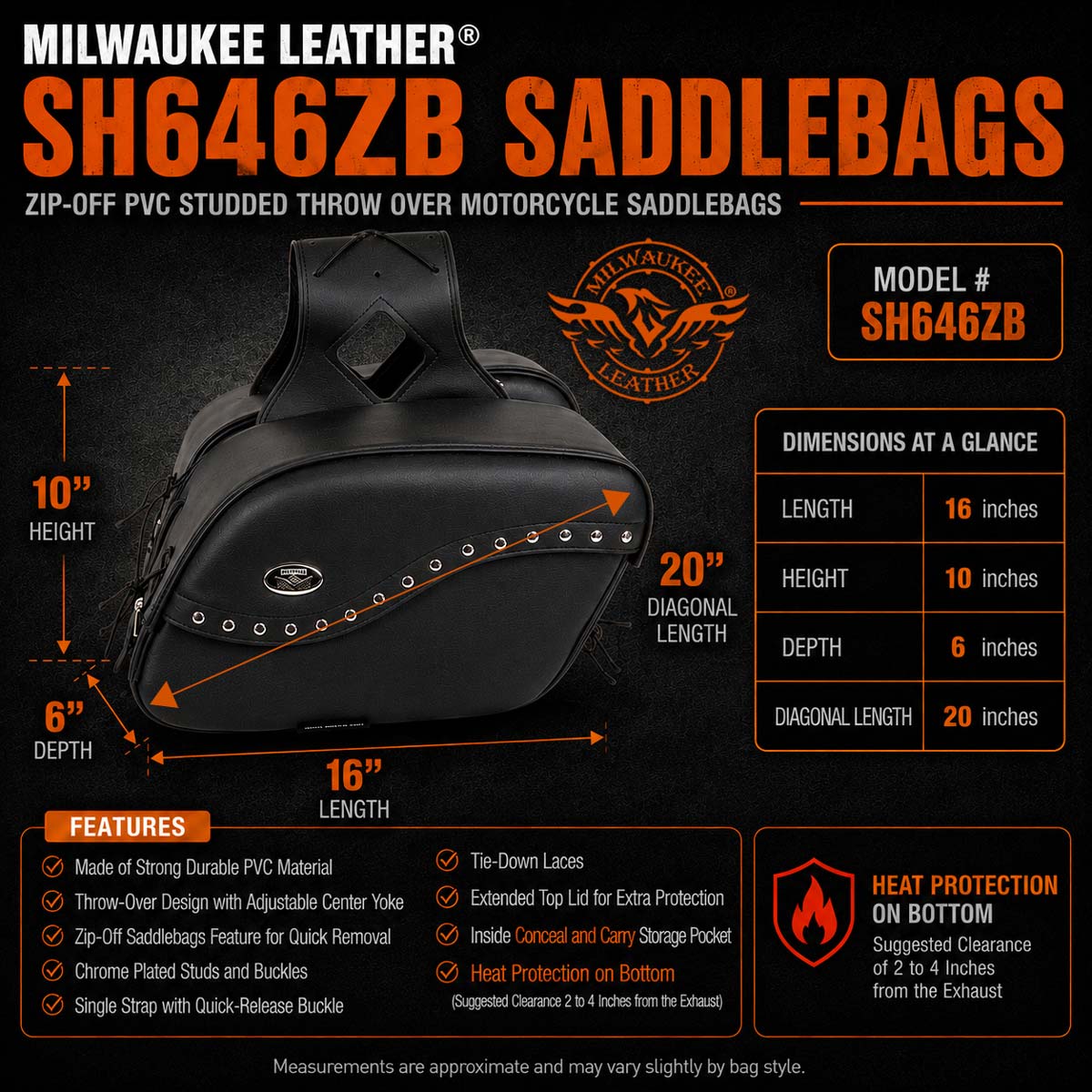 Milwaukee Leather SH646ZB Black Zip-Off PVC Studded Throw Over
