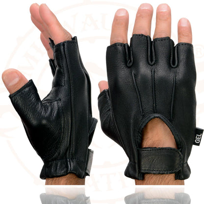 Milwaukee Leather SH878 Men's Black Leather Gel Padded Palm Fingerless Motorcycle Hand Gloves ‘Welted Genuine USA Deerskin’