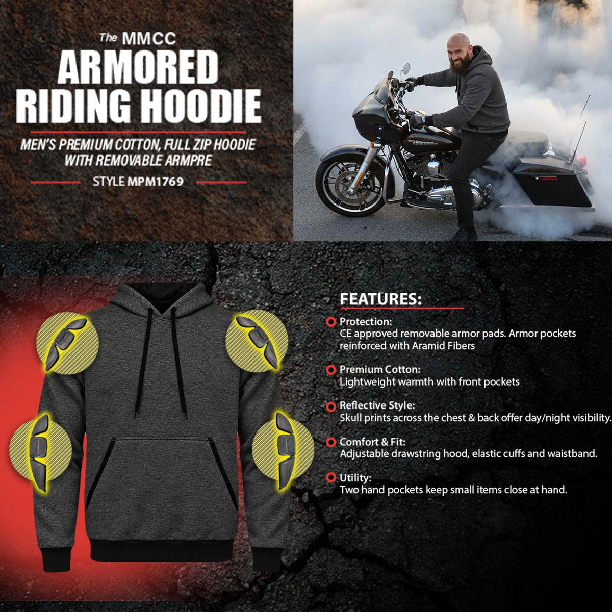Milwaukee Leather Men's Streetguard Riding Hoodie - Aramid Reinforced with CE Shoulder and Elbow Armor