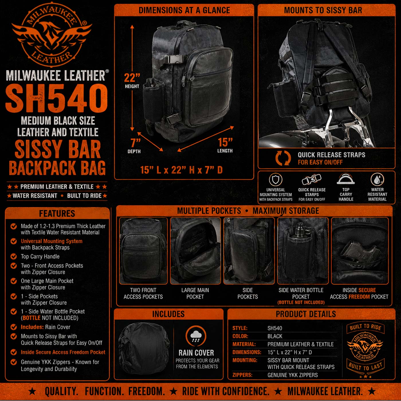 Milwaukee Leather SH540 Medium Black Size Leather and Textile