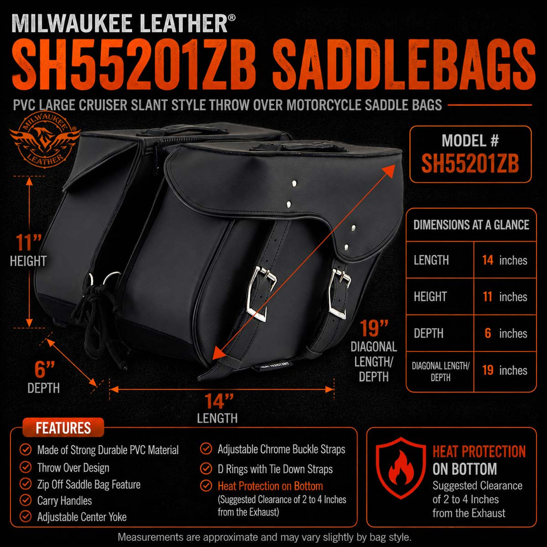 Milwaukee Leather SH55201ZB Black Large PVC Zip-Off Throwover Motorcycle Saddlebags
