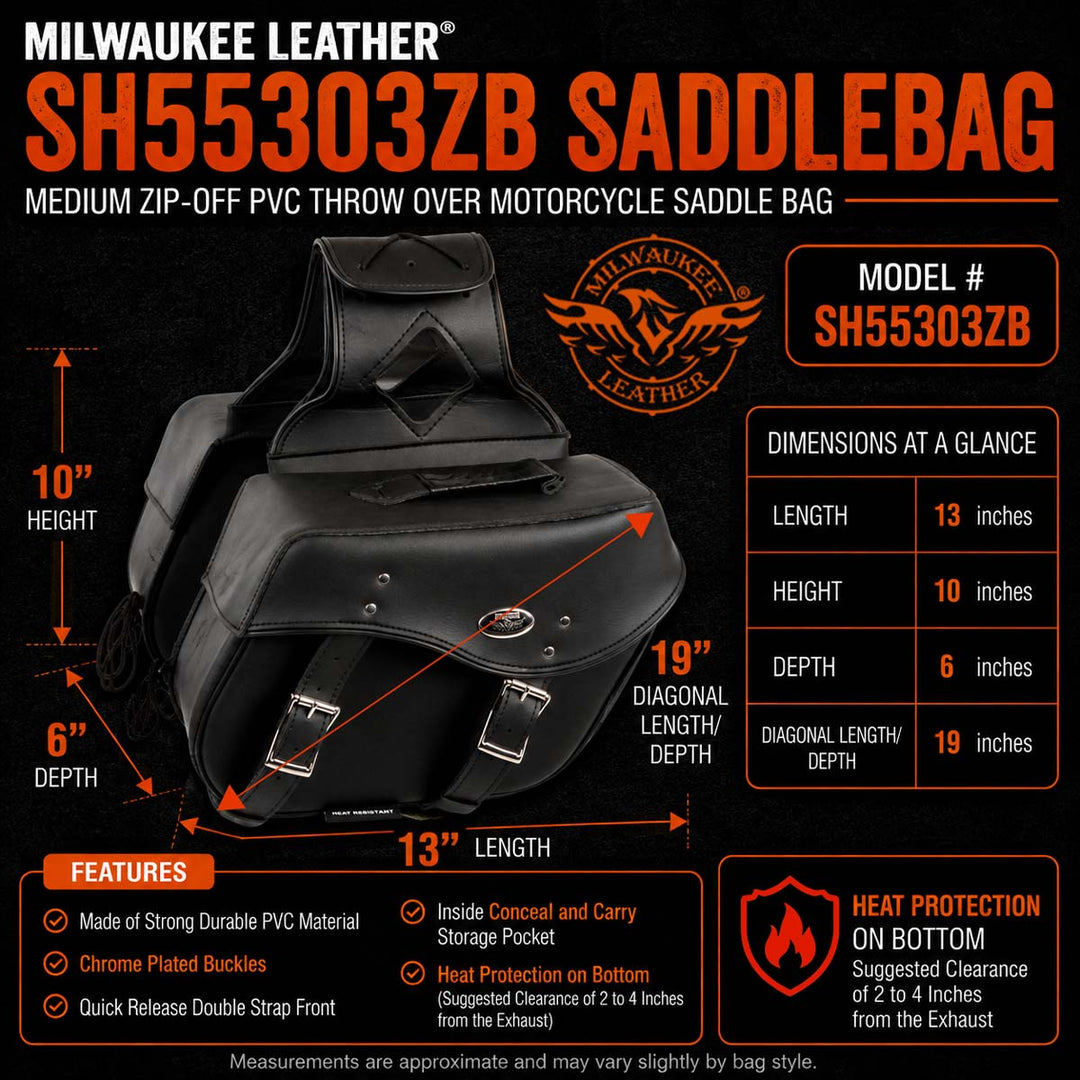 Milwaukee Leather SH55303ZB Black Medium Zip-Off PVC Throw Over Motorcycle Saddlebags
