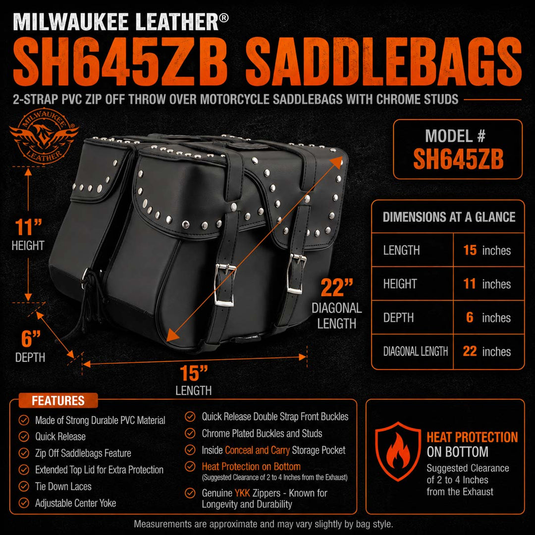 Milwaukee Leather SH645ZB Black 2-Strap PVC Zip Off Throw Over Motorcycle Saddlebags with Chrome Studs