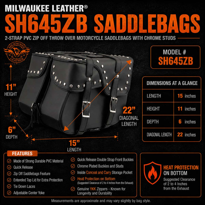 Milwaukee Leather SH645ZB Black 2-Strap PVC Zip Off Throw Over Motorcycle Saddlebags with Chrome Studs