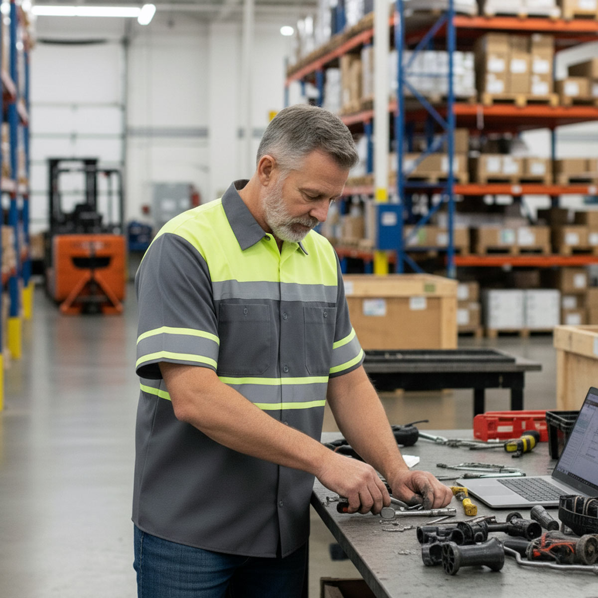 Milwaukee Motorcycle Clothing Co. Men’s Safeway Green/Grey Mechanic Rider Ready Shirt w/ Reflective Strip MDM11615